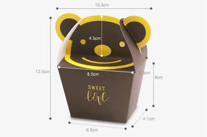 Detailed dimension layout of a brown cartoon bear paper gift box with Sweet Love text