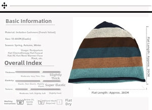 Size chart showing 55-60cm elastic French velvet striped beanie for autumn and winter