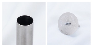 Detailed close-up of 304 stainless steel fine mesh filter and funnel tube component