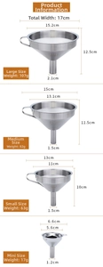 Size chart showing 304 stainless steel kitchen funnel dimensions and specifications