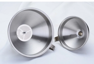Macro detail of 304 stainless steel kitchen funnels with removable filter and side handles