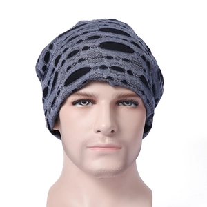 Men's grey knit beanie with black abstract pattern for autumn and winter warmth