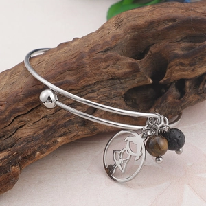 Silver stainless steel adjustable bracelet with girl pendant and tiger eye beads