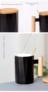 Detail of black geometric ceramic mug featuring wooden handle and bamboo lid set