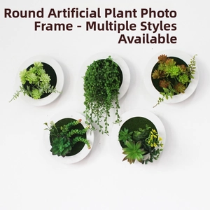 Wall-mounted circular frames with various artificial succulents like string of pearls