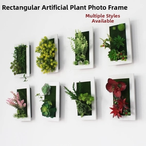 Modern white framed wall decor featuring various artificial succulent and floral arrangements