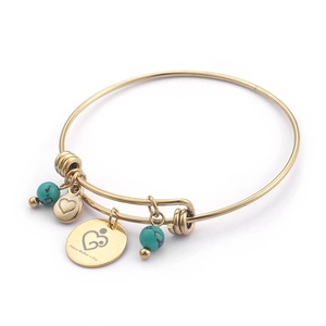 Golden stainless steel adjustable bangle with turquoise beads and Mother's Day pendant