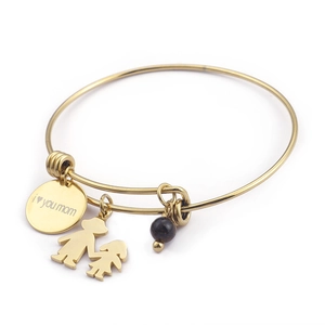Adjustable golden mother-daughter bracelet with i love you mom engraved charm and beads
