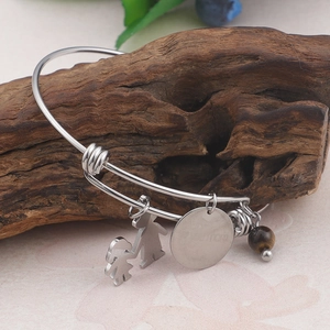 Silver stainless steel bracelet with doll charm, engraved Mom disc and brown gemstone
