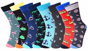 Flat lay of eight patterned mid-calf socks with flamingo, shark and pizza prints