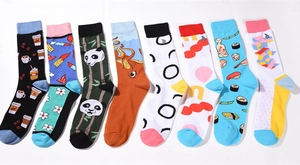 Detailed set of eight patterned cotton crew socks featuring sushi, pandas, and octopus designs