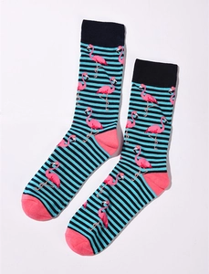 Detail of cotton crew socks with blue stripes, flamingo print and pink contrast heel