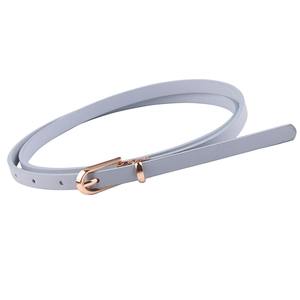 Slim light blue leather belt with a rose gold pin buckle for dresses and sweaters