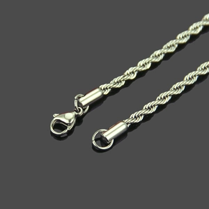 Close-up of silver twist rope chain necklace featuring a secure lobster clasp closure