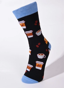 Detail of cotton crew socks with coffee prints and blue contrast heel and toe