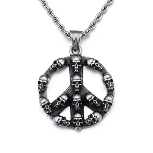 Skull Peace Sign Pendant Necklace Stainless Steel Vintage Blackened Punk Gothic Hip Hop Jewelry Men