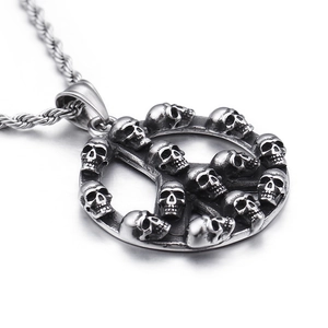 Punk style stainless steel peace sign pendant with skull details on a twisted rope chain
