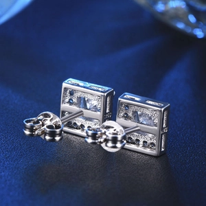 S925 sterling silver square stud earrings with white and blue cubic zirconia crystals
