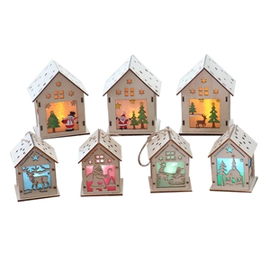 Set of 7 glowing wooden Christmas houses with LED lights for festive holiday tree decoration