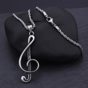 Silver stainless steel music treble clef pendant with a stylish metal rope chain