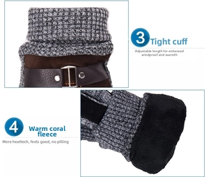 Detail of ribbed knit cuffs with adjustable leather strap and soft coral fleece lining