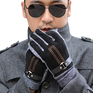 Men's winter touchscreen gloves in black suede and grey knit with wrist buckle detail