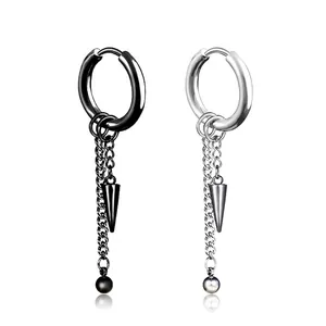 Stainless Steel Tassel Chain Hoop Earrings With Spike Cone And Ball Pendants Punk Hip Hop Style For Men Women