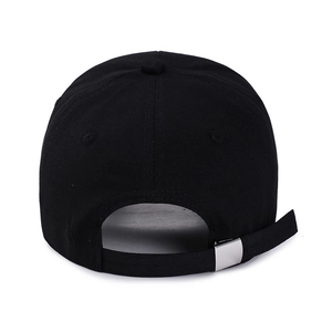 Rear view of black cotton baseball cap showing adjustable metal buckle and strap
