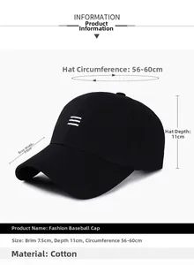 Detailed sizing of black cotton baseball cap with white triple stripe embroidery