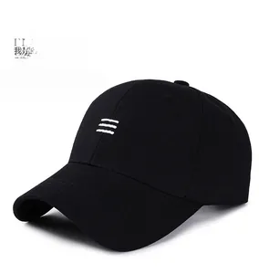 Detailed close-up of black cotton baseball cap with white stripe embroidery