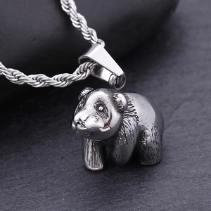 Vintage silver panda pendant necklace with stainless steel twist chain for men
