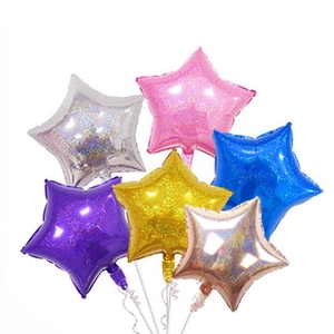 Star-shaped holographic foil balloons in silver, pink, blue, gold and purple for party decor