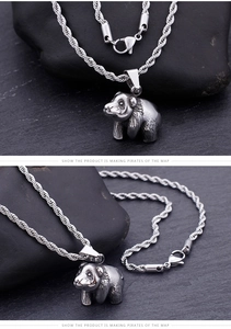 Detailed macro view of realistic panda pendant with brushed silver texture and rope chain