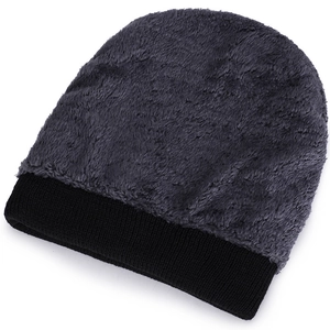 Winter thermal knit beanie hat with thick grey faux fur lining and black ribbed cuff