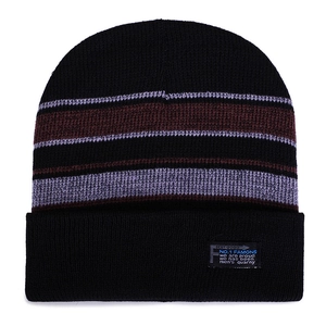 Winter knitted beanie with burgundy stripes and wide brim for skiing and cold weather