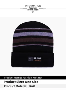 Detail view of the black knitted hat showing the SPORT label and striped texture