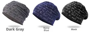 Three-piece set of knitted slouchy beanies in dark grey navy and black with cursive print