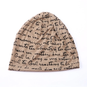 Unisex khaki cotton knit beanie with artistic black script lettering print