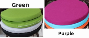 Detail view of round outdoor seat cushion with zipper for easy washing and removal