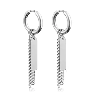 Silver stainless steel hoop earrings with hanging tassel chain and rectangle tag pendants