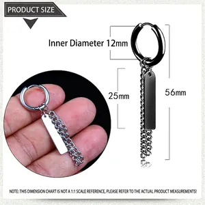 Titanium steel tassel chain earrings with rectangle tag and 12mm diameter hoop for men