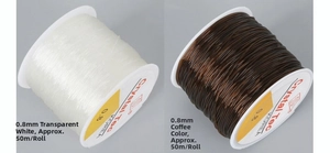 Detail view of 0.8mm crystal elastic string rolls in clear and brown for DIY jewelry making