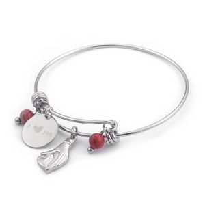 Silver thin bangle with red beads and engraved 'I love you' charm for women