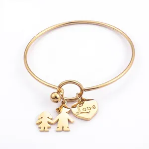 Bracelet Jonc En Acier Inoxydable Avec Breloques Cœur Et Garçon Fille Gravure Amour Cadeau Bijoux Famille