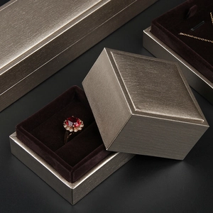 Champagne gold textured jewelry box set for rings and necklaces with brown velvet lining