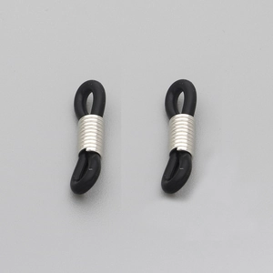 Detail of black silicone anti-slip loops with silver metal rings for DIY eyewear chains