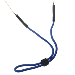 Blue braided sports sunglasses strap with adjustable slider and black rubber ends