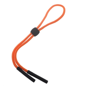 Detail of orange braided sports eyewear lanyard with black adjustable slider and rubber ends