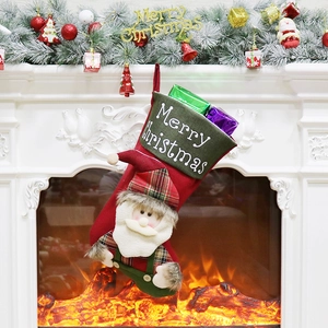Large plush Christmas stocking with Santa Claus doll and Merry Christmas embroidery