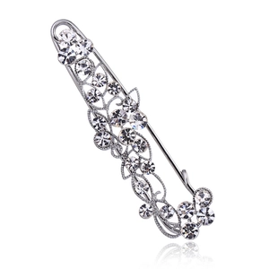 Elegant silver flower safety pin brooch with sparkling crystal rhinestones for coats